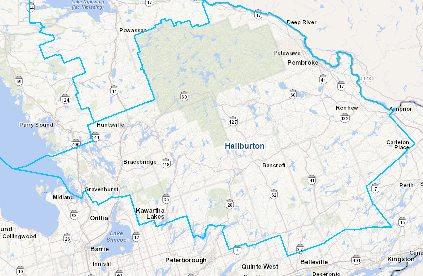 The Ministry of Natural Resources Haliburton Fire Management region map shows Haliburton County within the region, which extends outside of Haliburton County as well.